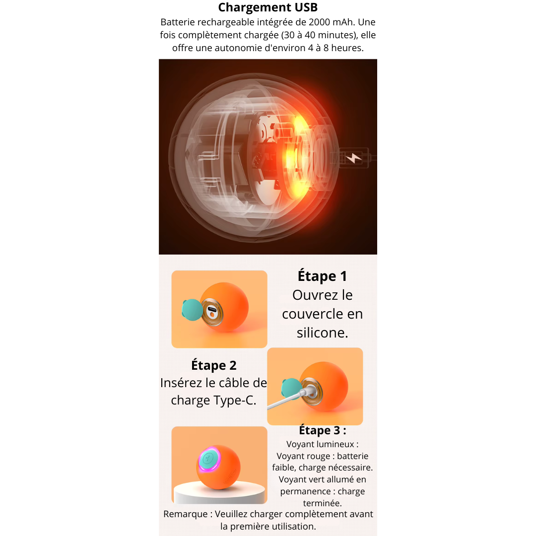 Jouet interactive balle auto-roulante ZigzagPlay Orange