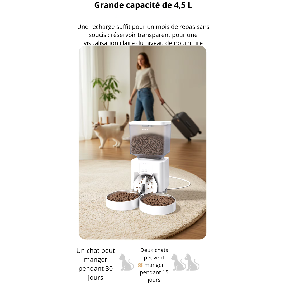 Distributeur de croquettes automatique à double bols, repas programmé Pawportion