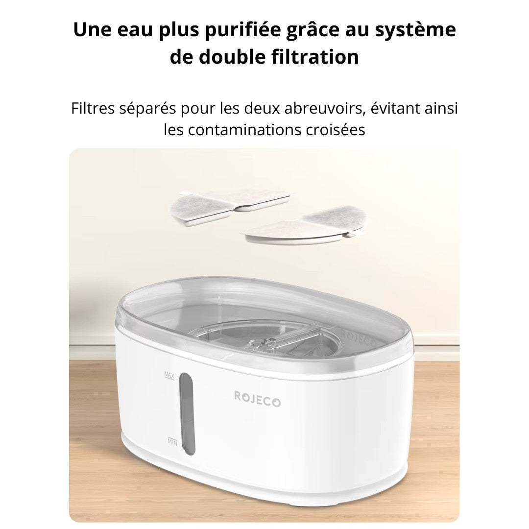 Fontaine a eau pompe sans fil, double abreuvoir 2,5L + 1 filtre offert AquaLuxe