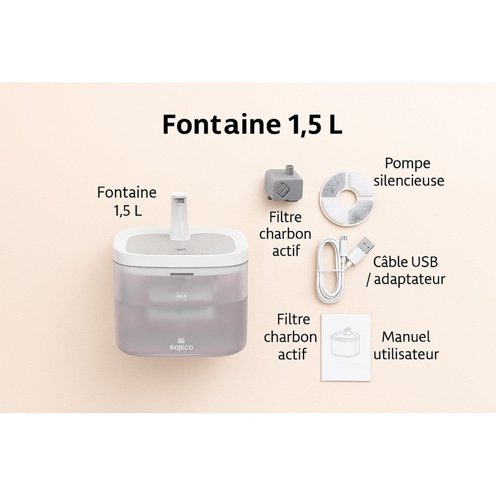 Fontaine a eau silencieuse & filtrante 1,5L + 1 filtre offert AquaFlow
